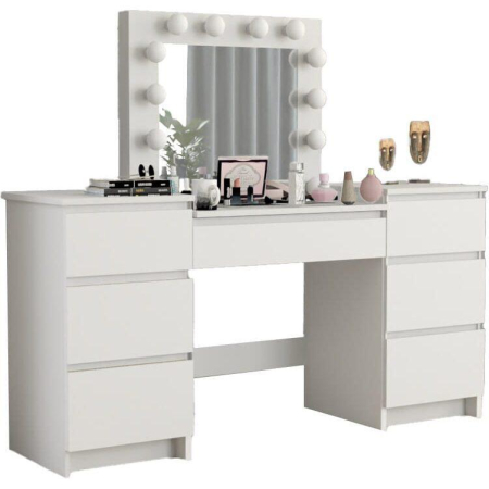 Set masa de toaleta/machiaj Antonia + scaun Mark, alb, cu oglinda si LED-uri, 155x42x135 cm [11]