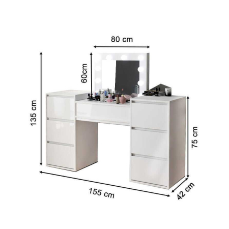 Set masa de toaleta/machiaj Antonia + scaun Mark, alb, cu oglinda si LED-uri, 155x42x135 cm [8]
