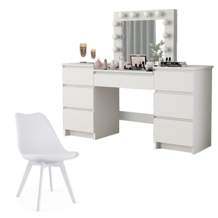 Mese de machiaj - Set masa de toaleta/machiaj Antonia + scaun Mark, alb, cu oglinda si LED-uri, 155x42x135 cm