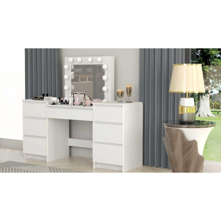 Set masa de toaleta/machiaj Antonia + scaun Mark, alb, cu oglinda si LED-uri, 155x42x135 cm [10]