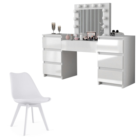 Mese de machiaj - Set masa de toaleta/machiaj Antonia + scaun Mark, alb, sertare lucioase, cu oglinda si LED-uri, 155x42x135 cm