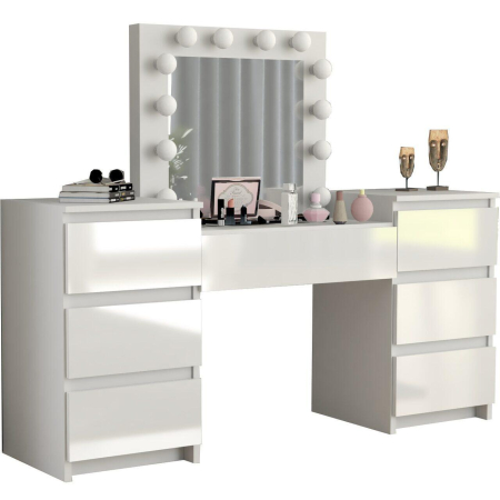 Set masa de toaleta/machiaj Antonia + scaun Mark, alb, sertare lucioase, cu oglinda si LED-uri, 155x42x135 cm [9]