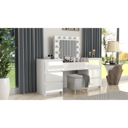 Set masa de toaleta/machiaj Antonia + scaun Mark, alb, sertare lucioase, cu oglinda si LED-uri, 155x42x135 cm [7]