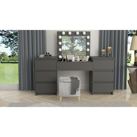 Set masa de toaleta/machiaj Antonia + scaun Mark, negru, cu oglinda si LED-uri, 155x42x135 cm [10]