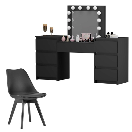 Mese de machiaj - Set masa de toaleta/machiaj Antonia + scaun Mark, negru, cu oglinda si LED-uri, 155x42x135 cm