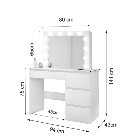 Set masa de toaleta/machiaj Irina + scaun Mark, alb, cu oglinda si LED-uri, 94x43x141 cm [9]