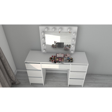 Set masa de toaleta/machiaj Vanessa + scaun Mark, sertare alb lucios, cu oglinda si LED-uri, Vanessa, 130x43x143 cm [10]