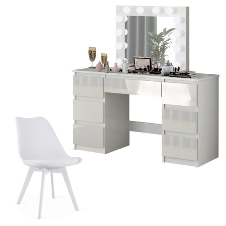 Mese de machiaj - Set masa de toaleta/machiaj Vanessa + scaun Mark, sertare alb lucios, cu oglinda si LED-uri, Vanessa, 130x43x143 cm