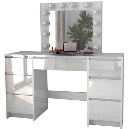 Set masa de toaleta/machiaj Vanessa + scaun Mark, sertare alb lucios, cu oglinda si LED-uri, Vanessa, 130x43x143 cm [8]