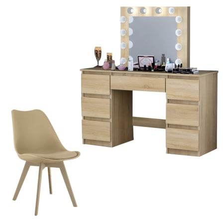 Mese de machiaj - Set masa de toaleta/machiaj Vanessa + scaun Mark, stejar, cu oglinda si LED-uri, 130x43x143 cm