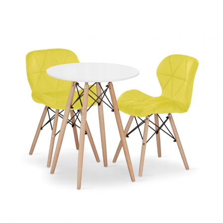 Scaune - Set masa rotunda stil scandinav + 2 scaune Lago catifea, Artool, MDF si lemn, alb si galben, 60x72 cm