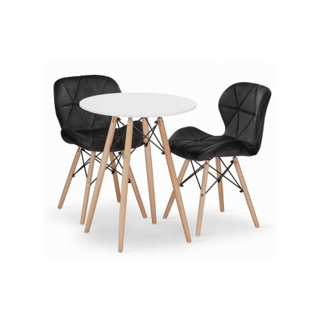 Scaune - Set masa rotunda stil scandinav + 2 scaune Lago catifea, Artool, MDF si lemn, alb si negru, 60x72 cm