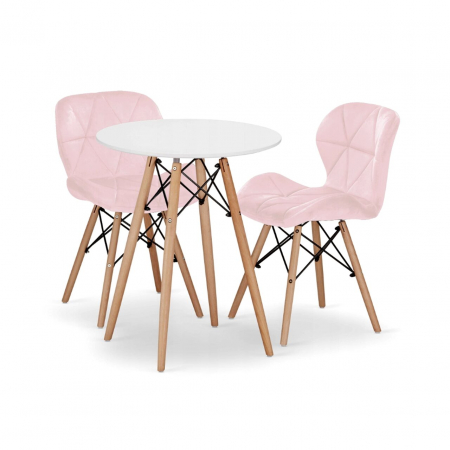 Scaune - Set masa rotunda stil scandinav + 2 scaune Lago catifea, Artool, MDF si lemn, alb si roz, 60x72 cm