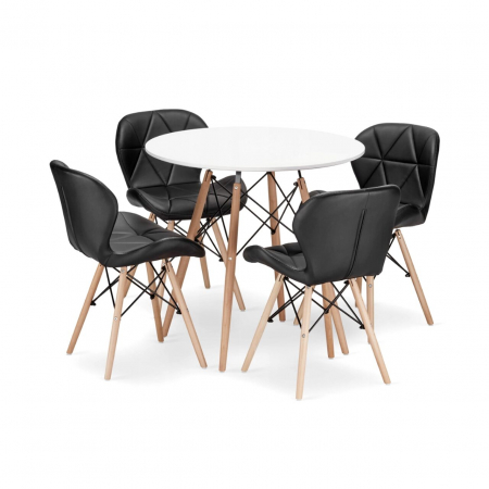 Mese - Set masa rotunda stil scandinav + 4 scaune Lago, Artool, MDF si lemn, alb si negru, 60x50 cm