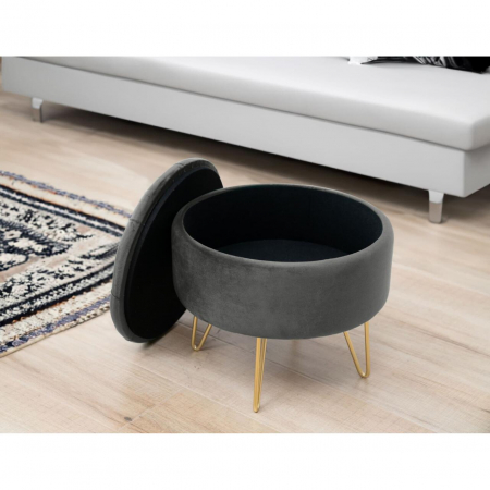 Taburet, rotund, cu spatiu depozitare, catifea, gri grafit, max 80 kg, 38x33 cm, Caro, Akord [3]