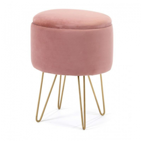 Scaune - Taburet, rotund, cu spatiu depozitare, catifea, roz, max 90 kg, 35x35x45 cm, Lili