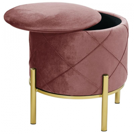 Taburet, rotund, cu spatiu depozitare, picioare metal, catifea, roz, max 80 kg, 37x40 cm, Savana, Akord [4]