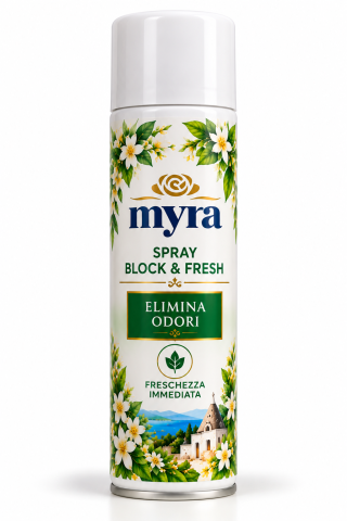 Detergenti pentru casa - Spray anti-miros Block&Fresh, 400 ml, Myra - formulă trifazică Odor Remover, testată de Universitatea din Torino