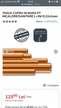 Instalatii Termice - TEAVA CUPRU 22X1MM 3M