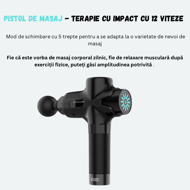 Aparat pentru masaj Profesional tip pistol, Ecran Tactil LED, 12 viteze, 1600-3960 Rmp, 2500 mAh, 24 V, 12 capete, servieta depozitare, Portabil, Negru [8]