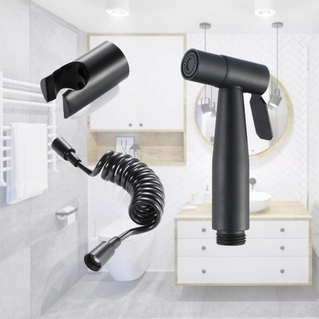 Cap dus cu functie de bideu, Cu furtun si para de dus, Cap T, Montaj perete, Accesorii incluse, Negru, Metadoro® [5]