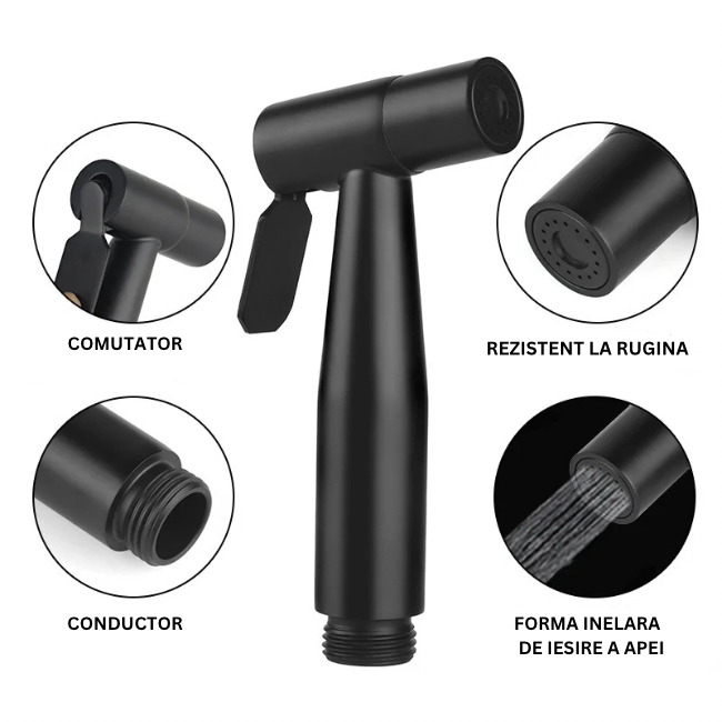 Cap dus cu functie de bideu, Cu furtun si para de dus, Cap T, Montaj perete, Accesorii incluse, Negru, Metadoro® [4]