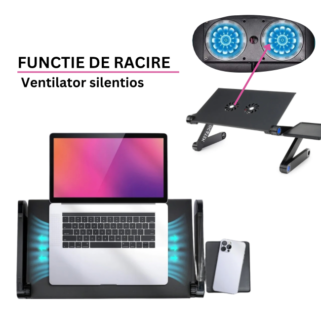 Masuta laptop reglabila din aluminiu, ventilatie dubla cooler USB si suport mouse reglabil, negru, Metadoro [3]