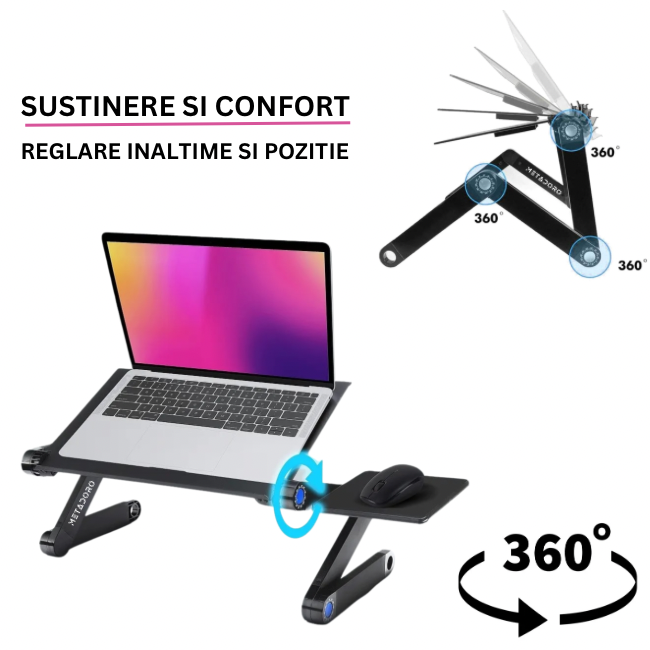 Masuta laptop reglabila din aluminiu, ventilatie dubla cooler USB si suport mouse reglabil, negru, Metadoro [5]