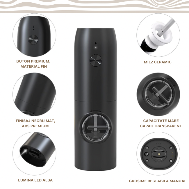 Set 2 rasnite electrice reincarcabile pentru condimente, sare si piper, cu statie de incarcare dubla, perie, lumina LED alba inoxidabil, Nivel rasnire ajustabil, negru, Metadoro [3]