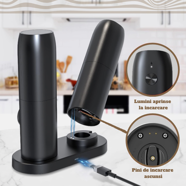Set 2 rasnite electrice reincarcabile pentru condimente, sare si piper, cu statie de incarcare dubla, perie, lumina LED alba inoxidabil, Nivel rasnire ajustabil, negru, Metadoro [6]
