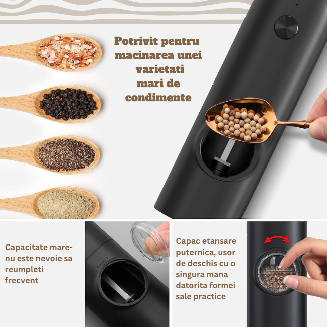 Set 2 rasnite electrice reincarcabile pentru condimente, sare si piper, cu statie de incarcare dubla, perie, lumina LED alba inoxidabil, Nivel rasnire ajustabil, negru, Metadoro [5]