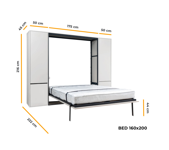 Sistem metalic pentru pat de perete vertical, 2 persoane, set cu două dulapuri laterale [2]