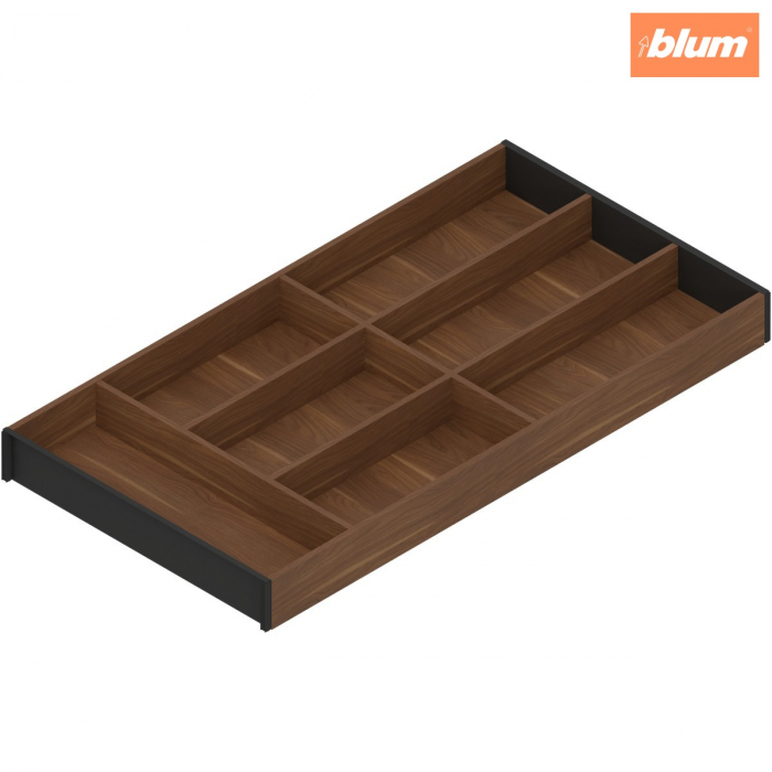 AMBIA-LINE Organizator pt tacâmuri, pentru LEGRABOX/MERIVOBOX Sertar, Design de lemn, 7 Compartimente pt tacâmuri, NL=600 mm, Lăţime=300 mm, finisaj Nuc Tenn. / negru-carbon ZC7S600BH3 [1]