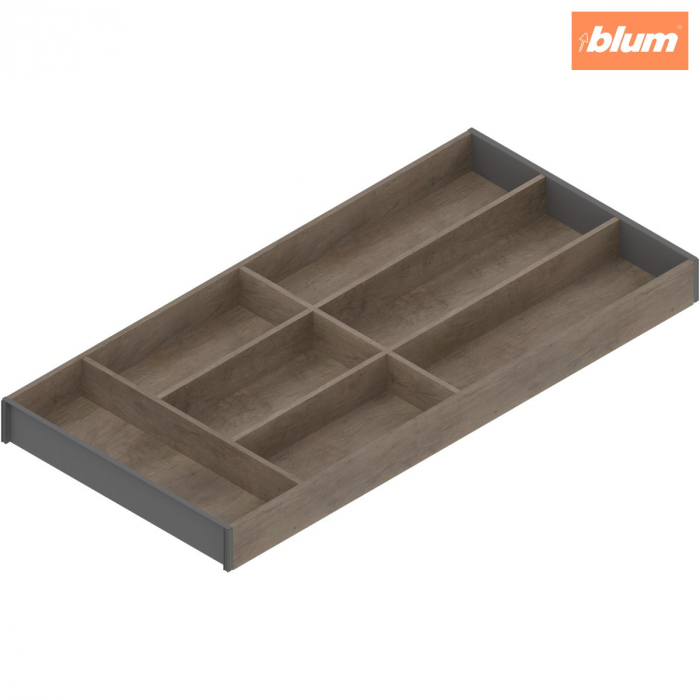 AMBIA-LINE Organizator pt tacâmuri, pentru LEGRABOX/MERIVOBOX Sertar, Design de lemn, 7 Compartimente pt tacâmuri, NL=650 mm, Lăţime=300 mm, finisaj Stejar Nebr./gri-orion ZC7S650BH3 [1]