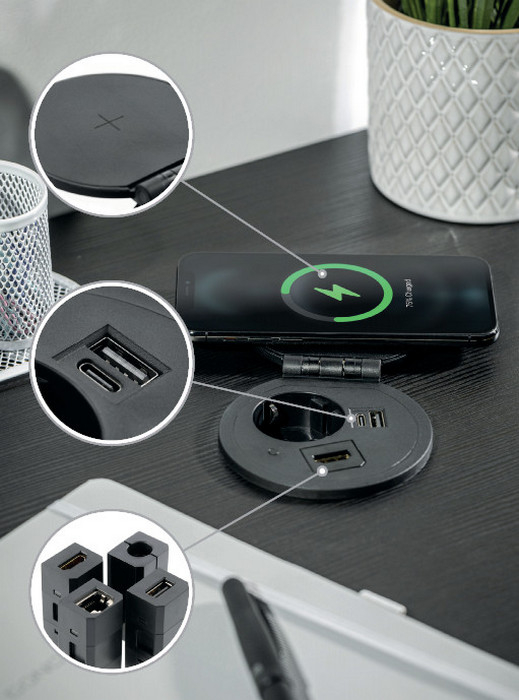 Priza incorporabila rotunda 1xschuko + 1xUSB A + 1xUSB C + 1 port interschimbabil, alba [8]