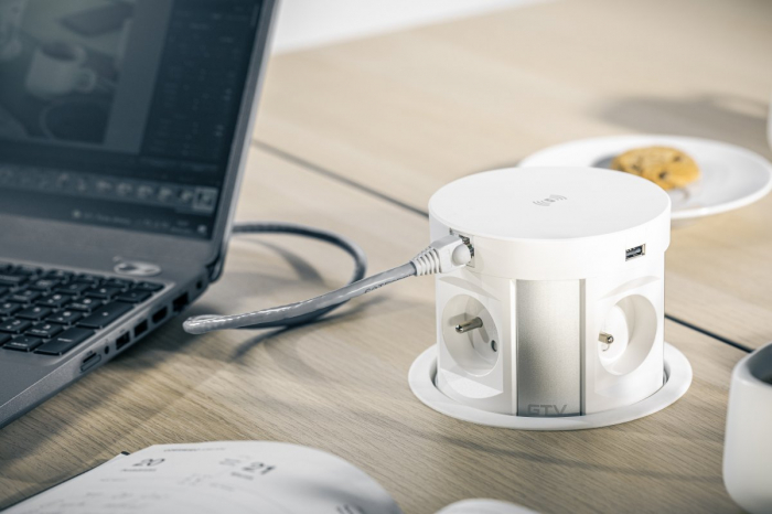 Priza incorporabila rotunda Comfort Plus 4xschuko + 2xUSB A 5V/3.1A + 2xRJ45, aluminiu [5]