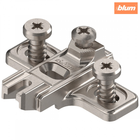 Balamale Modul - Blum - MODUL Plăcuţă de montaj, în cruce, 3 mm, Zinc, destinat înșurubării cu euroșuruburi premontate, reglaj pe înălţime: Gaură alungită, finisaj nichelat 199.8130
