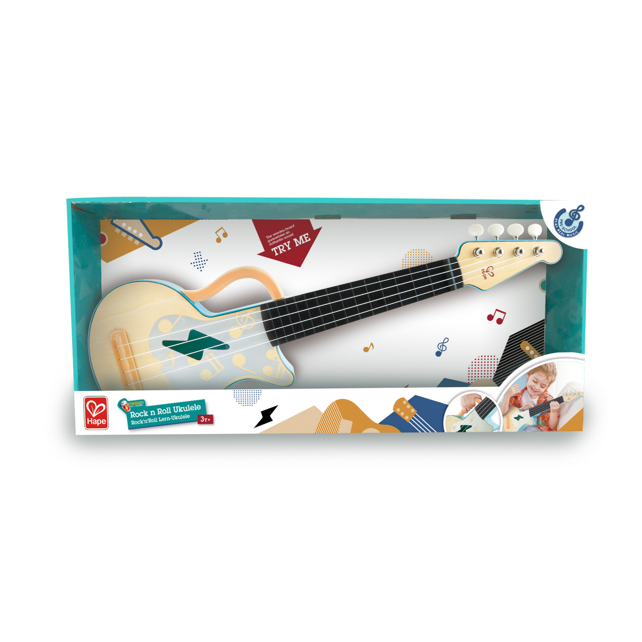 Jucarie din lemn – Instrument Ukulele (chitara) alba copii – invata sa canti cu lumini [7]