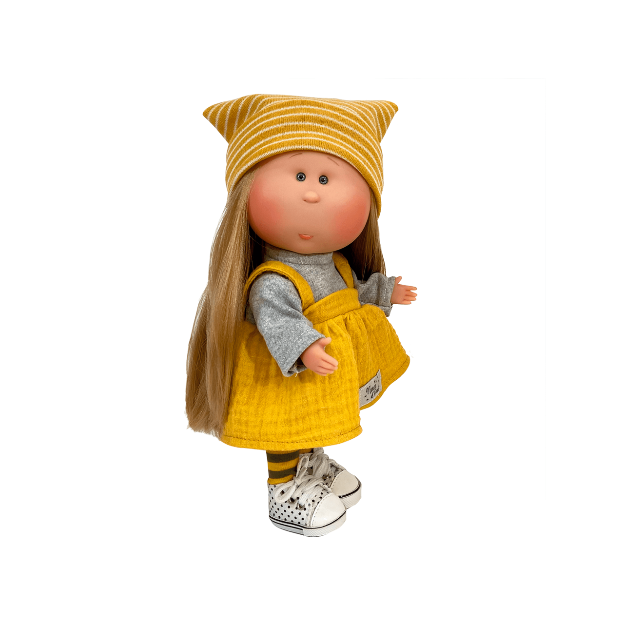 Papusa Nines D'Onil, Mia, cu parul blond si fes galben, cu articulatii, cu miros de vanilie, 30 cm [1]