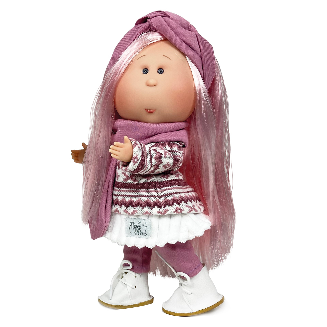 Papusa Nines D'Onil, Mia, cu parul roz si bentita, cu articulatii, cu miros de vanilie, 30 cm [1]
