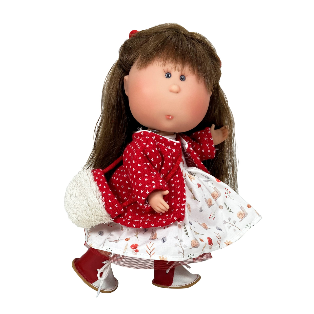 Papusa Nines D'Onil, Mia, cu parul saten si palton rosu, cu articulatii, cu miros de vanilie, 30 cm [2]