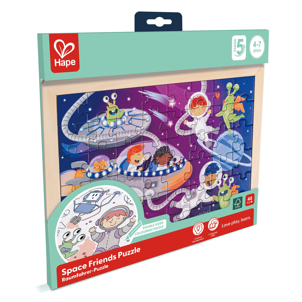 Puzzle din lemn 2 in 1 - Prietenii din Spatiu (50 piese), cu fata dubla si activitate colorare [6]