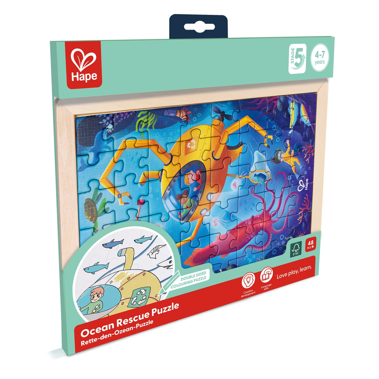 Puzzle din lemn 2 in 1 - Salvarea Oceanului (50 piese), cu fata dubla si activitate colorare [6]