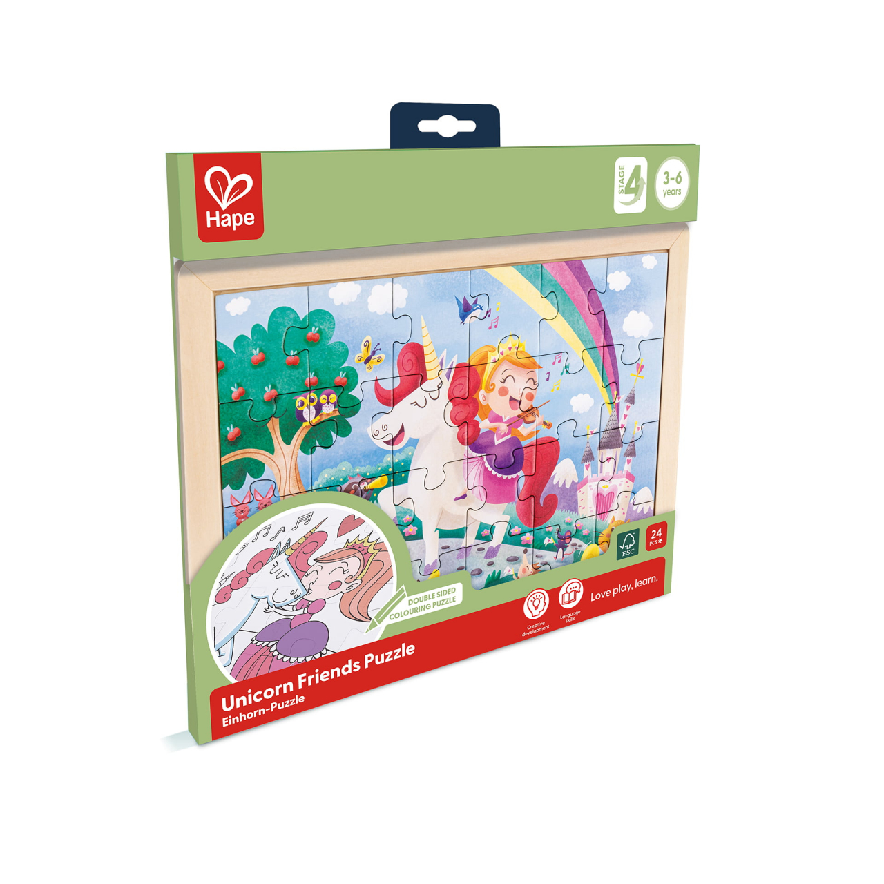 Puzzle din lemn 2 in 1 - Unicorn (26 piese), cu fata dubla si activitate colorare [6]
