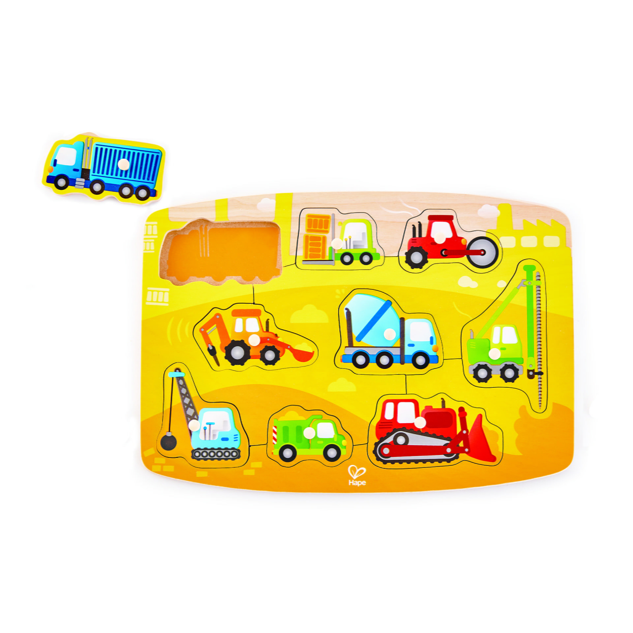 Puzzle din lemn cu butoni - Autovehicule de constructie [1]