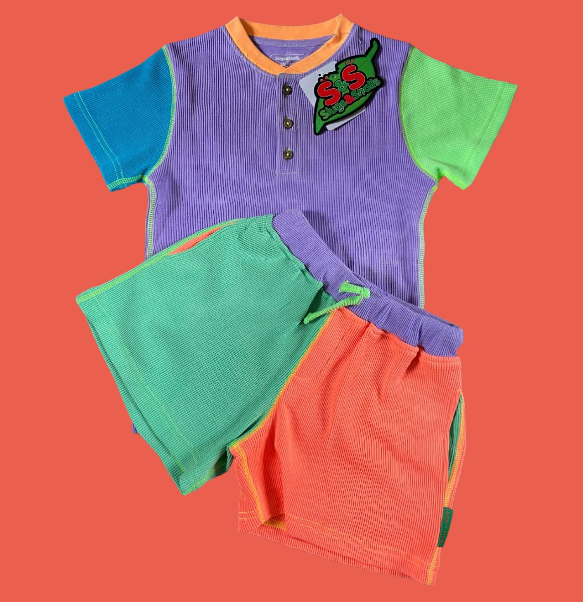 Set pantaloni scurți și tricou, bumbac organic gofrat, ediție limitată,  90’s dayglow [3]