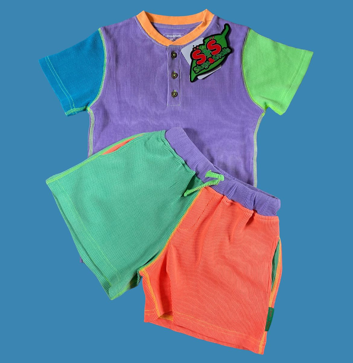 Set pantaloni scurți și tricou, bumbac organic gofrat, ediție limitată,  90’s dayglow [4]