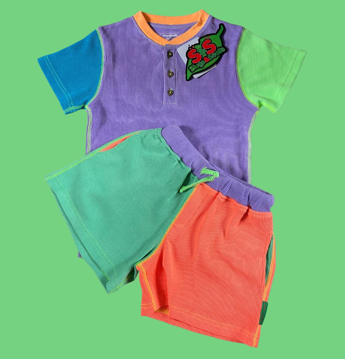 Set pantaloni scurți și tricou, bumbac organic gofrat, ediție limitată,  90’s dayglow [6]