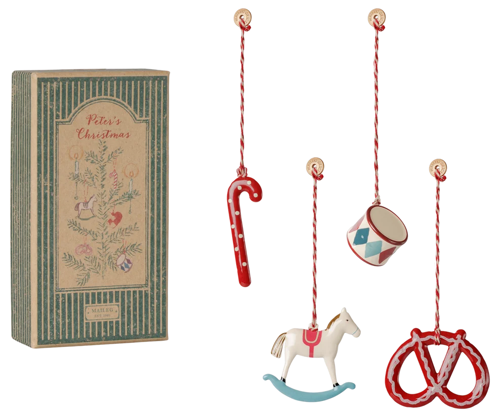 Jucarii creative - accesorii maileg craciun - Set cadou ornamente metalice - Crăciunul lui Peter - Roșu/Albastru