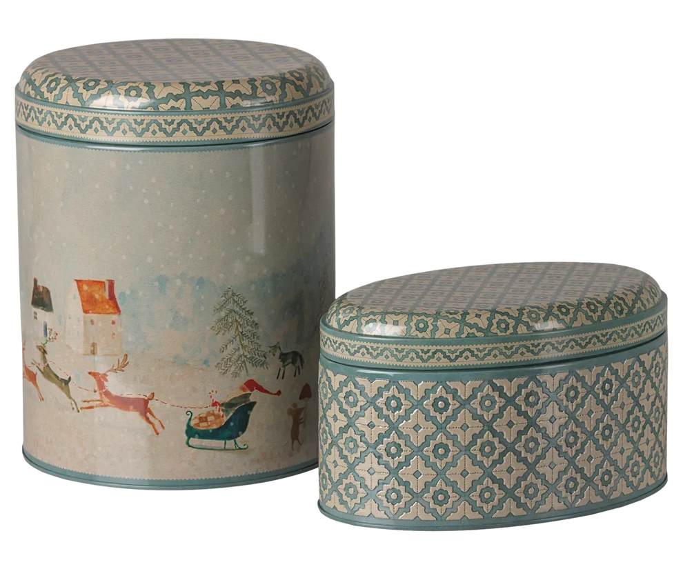 Jucarii creative - accesorii maileg Craciun  - Set cutie metalică - Vine Moș Crăciun - 2 buc.